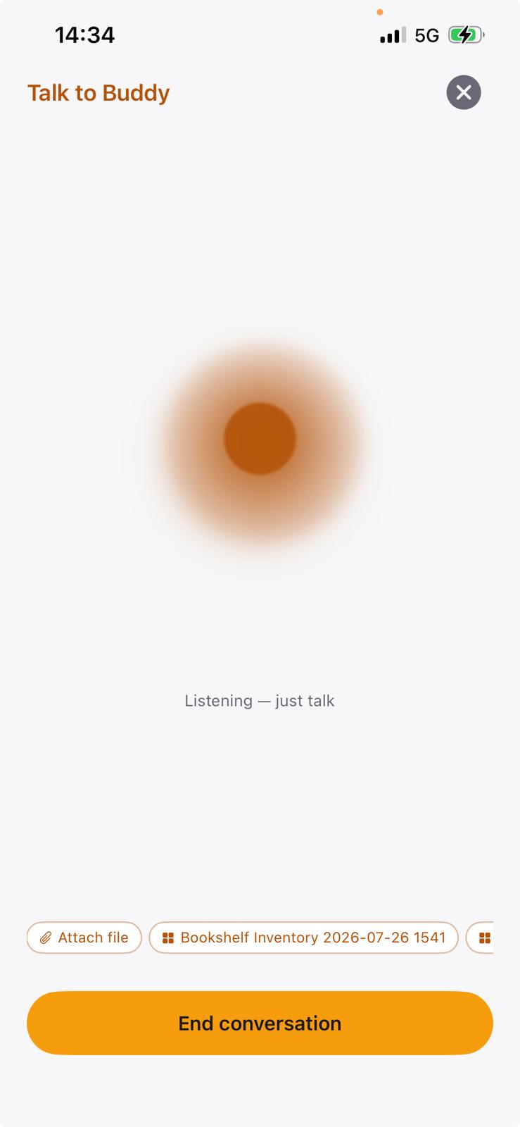 The same voice chat screen in light mode: an amber orb and the label "Listening — just talk".