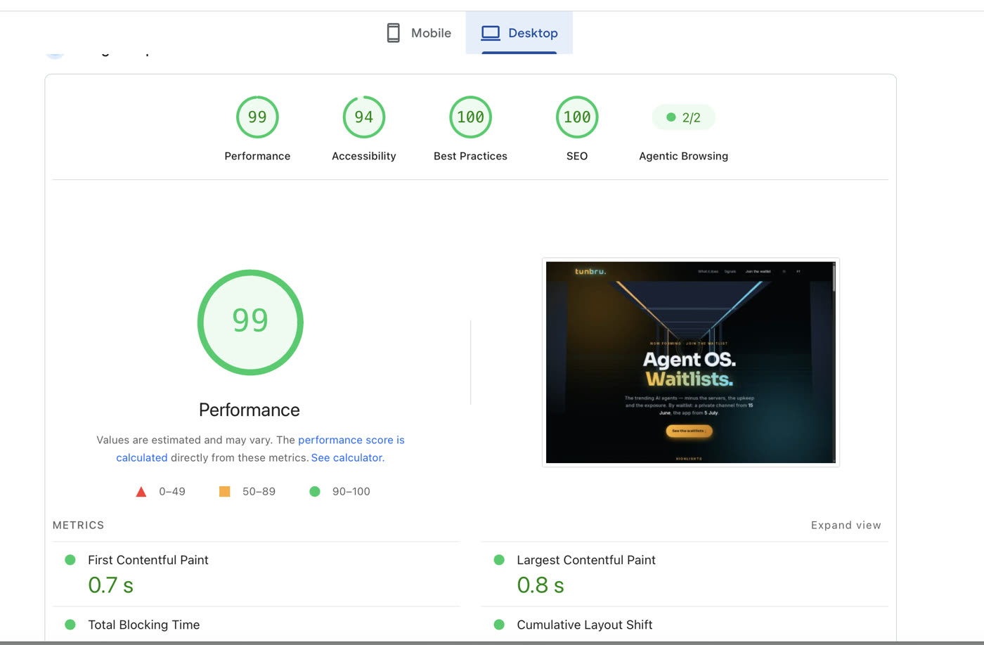 PageSpeed desktop after: performance 99