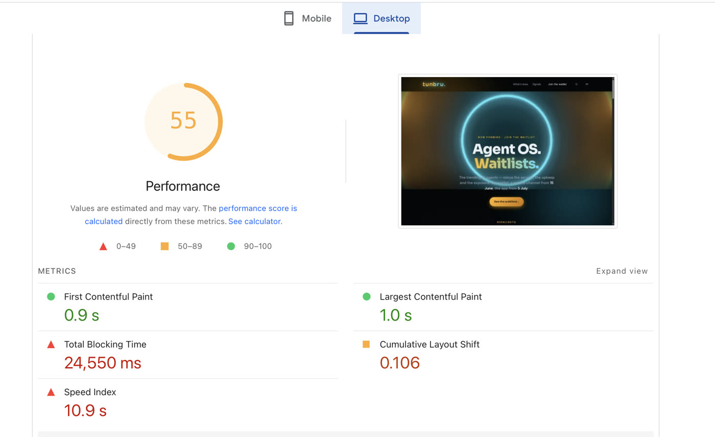 PageSpeed desktop before: performance 55, Total Blocking Time 24,550 ms