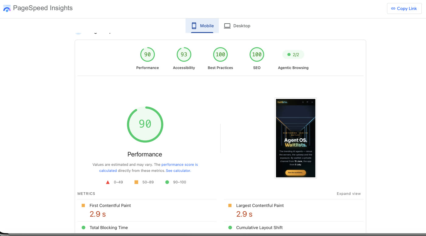 PageSpeed mobile after: performance 90