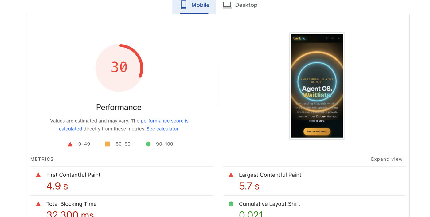 PageSpeed mobile before: performance 30, Total Blocking Time 32,300 ms