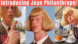 Thumbnail: “Introducing Jean Philanthrope!”, an AI influencer with a blond bob and a curled moustache, in three selfie shots