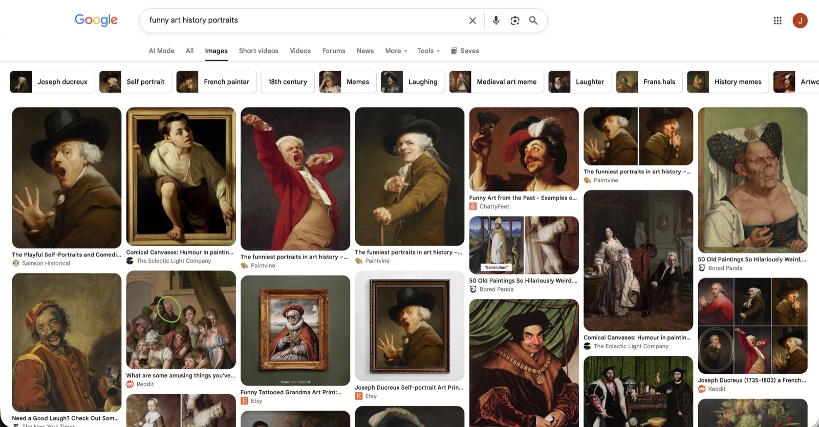 Google Images results for “funny art history portraits”: Joseph Ducreux pointing and yawning, a boy climbing out of a frame, laughing cavaliers and other comic old paintings
